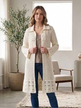 Apt. 9 Cream Long Crochet Openwork Cardigan Coat size XL